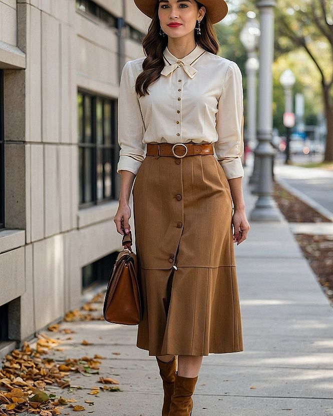 Styling a Bow Blouse and Button Front Midi Skirt