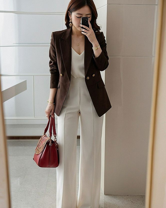 Styling A Dark Brown Blazer With Cream Pants