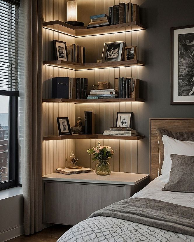 Organizing Corner Bookshelves And Ambient Bedroom Lighting
