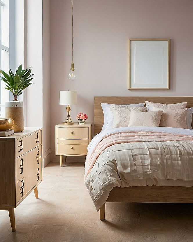 Maintaining Light Pastel Purple Walls With Warm Wood Accents