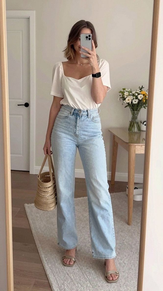 Styling Light Wash Jeans With A Sweetheart Neckline Blouse
