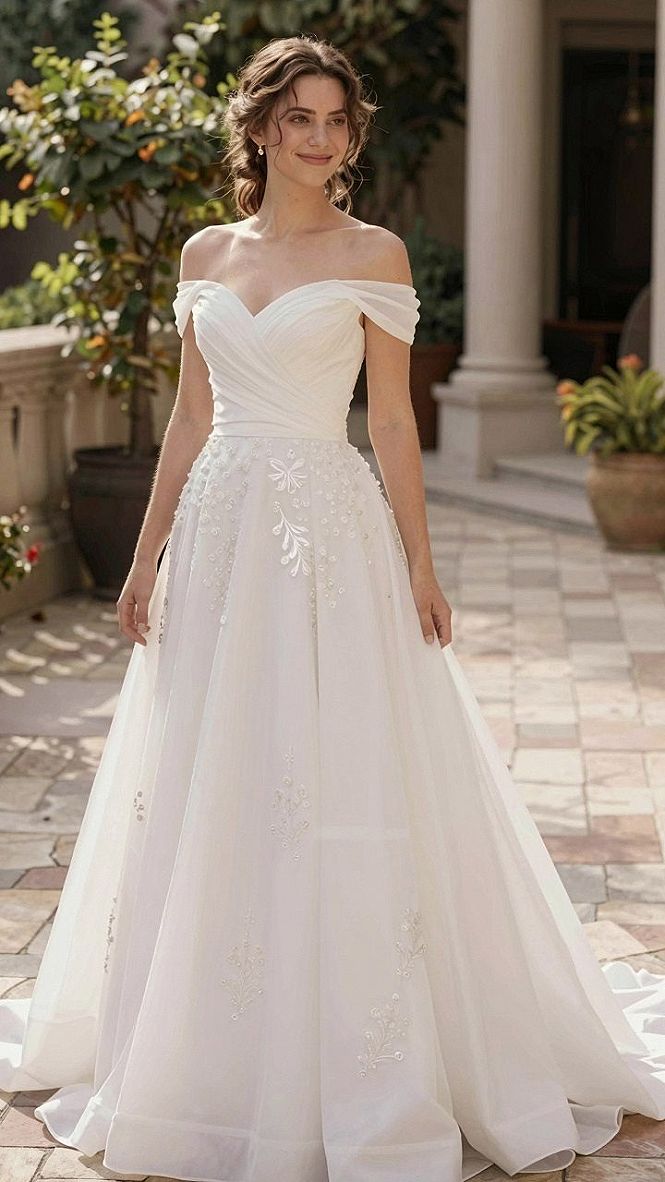 Opting for an Off the Shoulder Gown with Floral Appliques