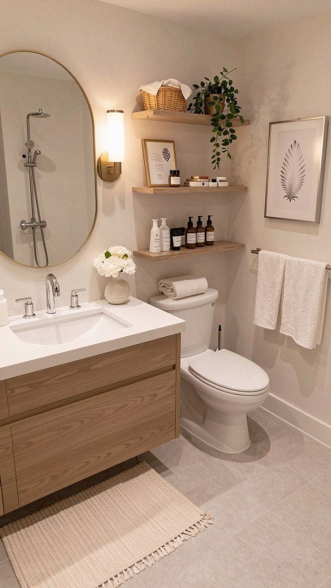 Organizing Small Bathrooms With Floating Wooden Shelves