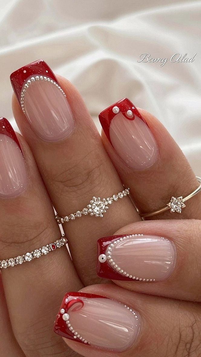 Hot Pink French Tips with Pearl Beaded Details