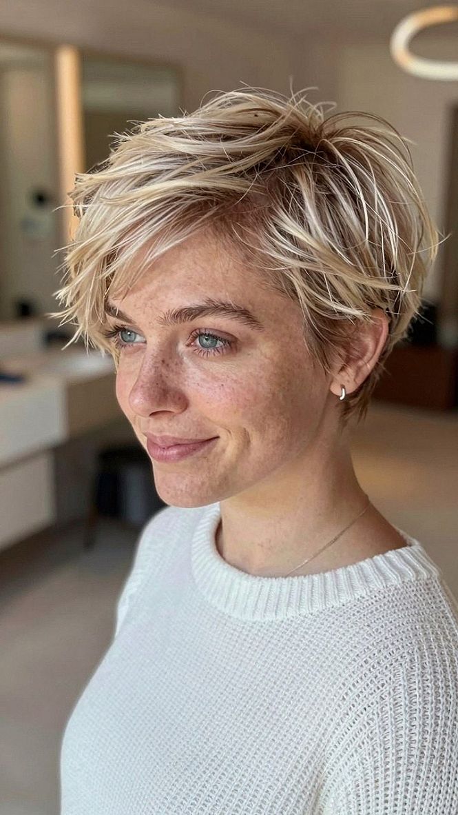Messy Layered Blonde Pixie with Side Swept Fringe