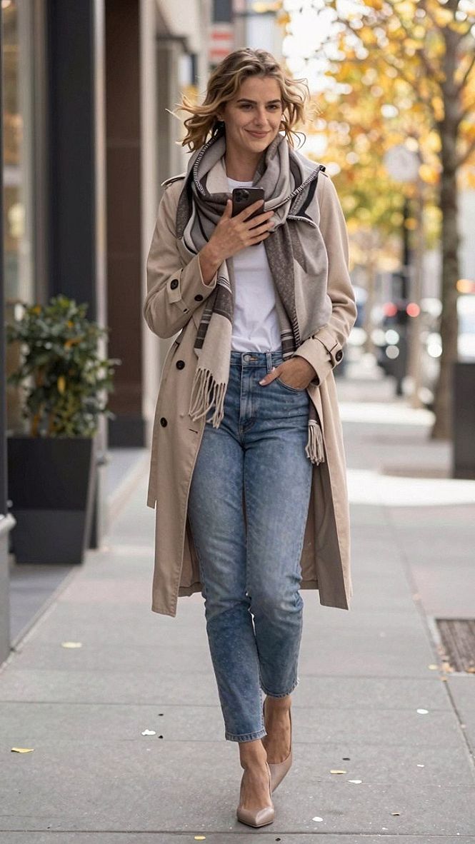 Styling a Trench Coat with a Wool Scarf and Denim