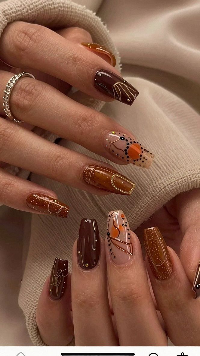 Amber Nails With Delicate Hand Painted Line Art