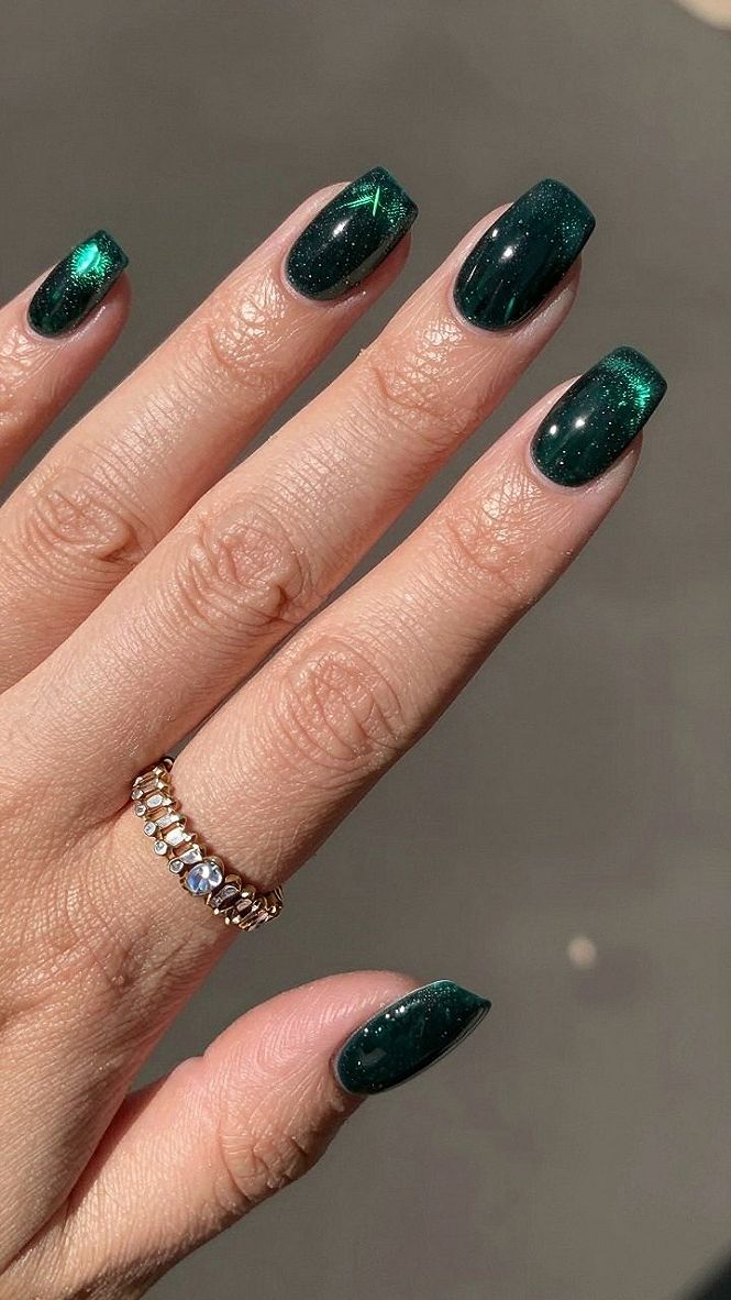 Maintaining Short Square Forest Green Cat Eye Nails