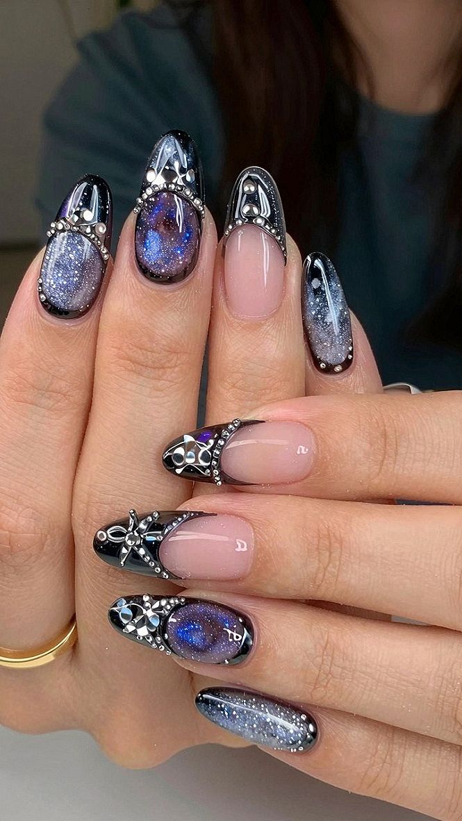 Galaxy Cat Eye Bat Nails With Metallic Studs