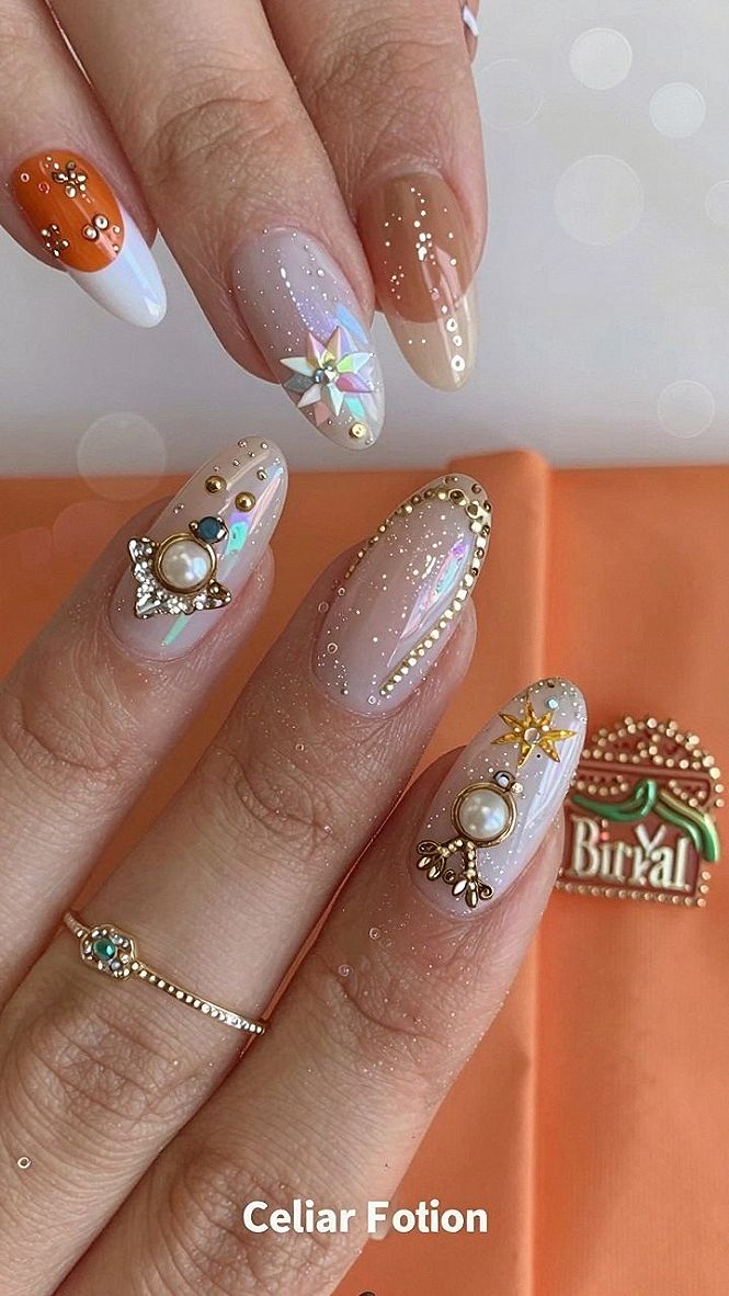 Charming Rhinestone Studded Orange Nails for Autumn