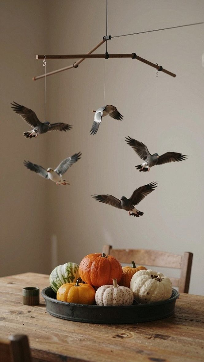 Suspending a Hanging Bird Mobile Above Your Halloween Table