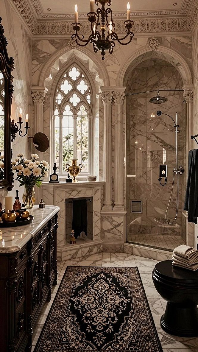 Maintaining Stone Surfaces and Vintage Rugs in a Gothic Bathroom