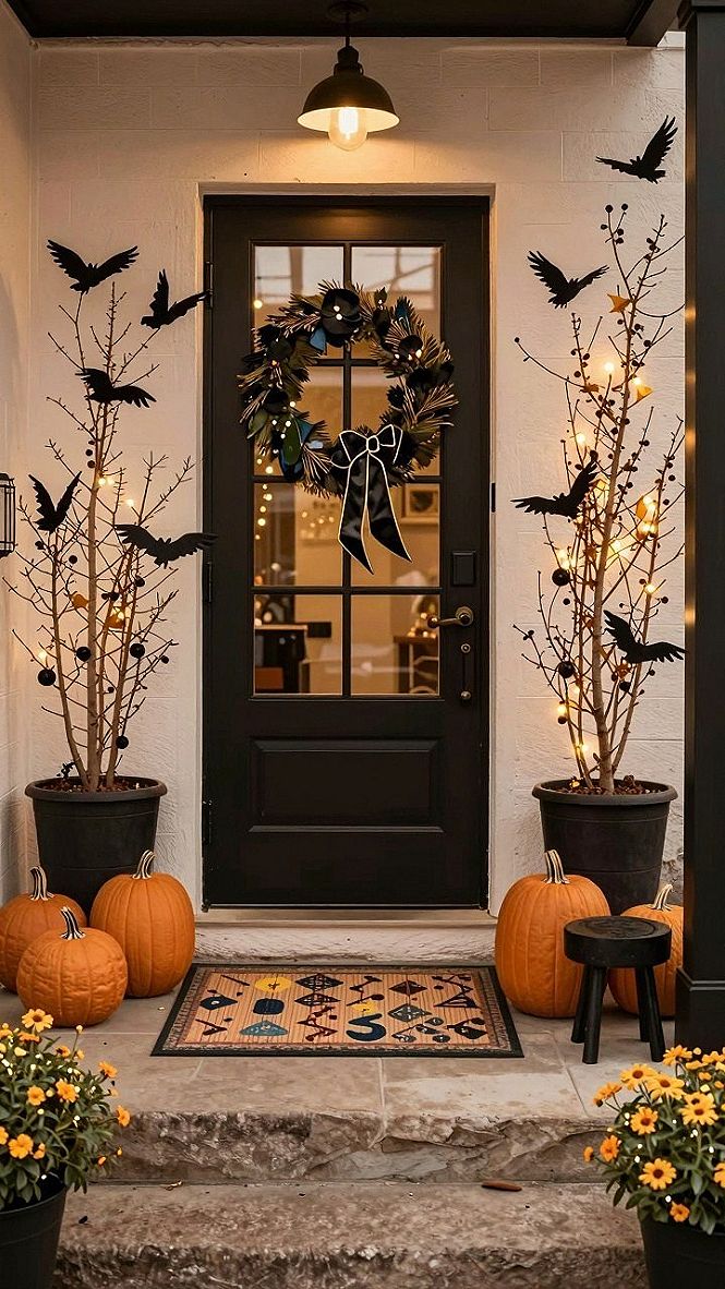 Styling Halloween Entryway Trees with Twinkling Lights