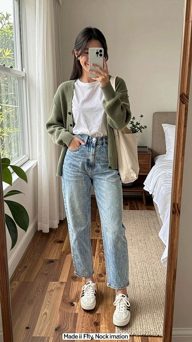 Styling Olive Cardigan Sweaters With Light Wash Jeans