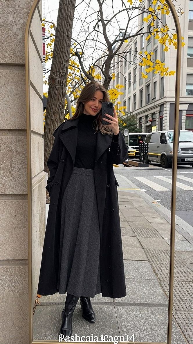 Layering a Long Leather Coat Over a Denim Midi Skirt