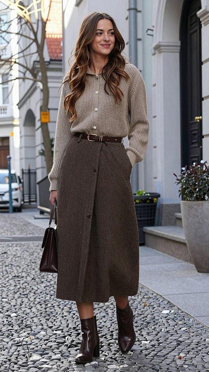 Pairing a Knit Cardigan with a Wool Midi Skirt