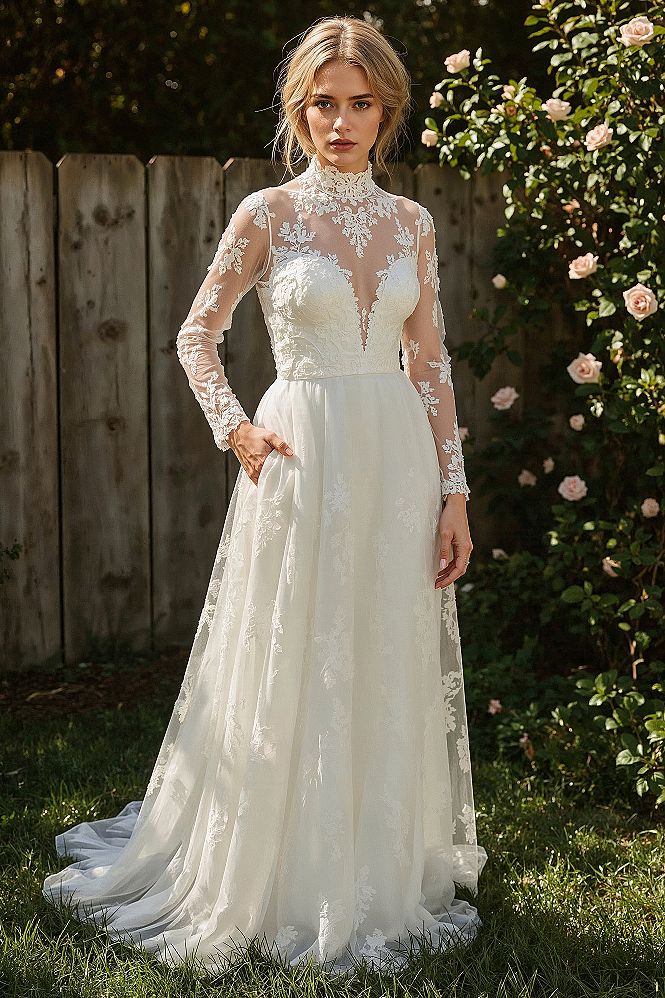 Boho-Chic Tulle Wedding Dress: High Neck Embroidery & Sheer Bodice