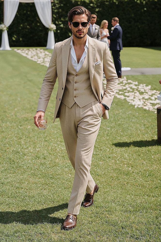 Summer Wedding Style: Beige Linen Three-Piece Groom Suit