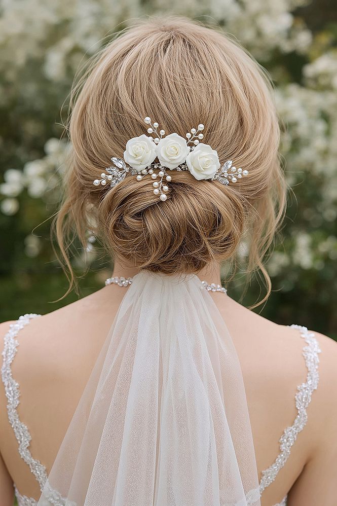 Chic Bridal Bun with Floral & Pearl Hair Comb: Outdoor Wedding Style