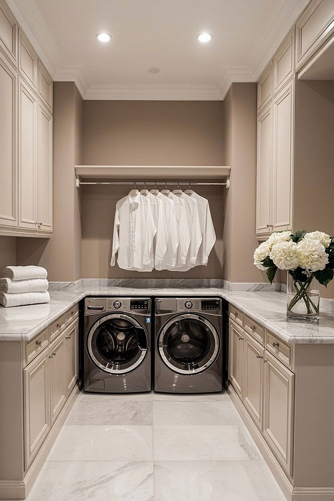 Dream Laundry Room Storage: Chic White Cabinets & Marble Elegance