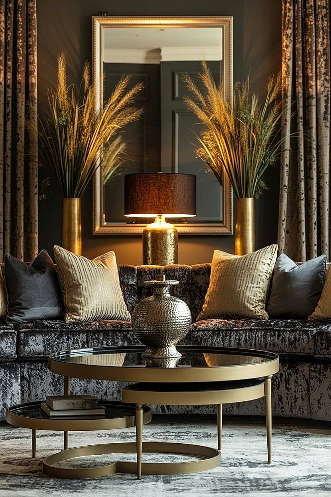 Glam Living Room Designs: Dark Grey & Metallic Accents for Luxurious Interiors