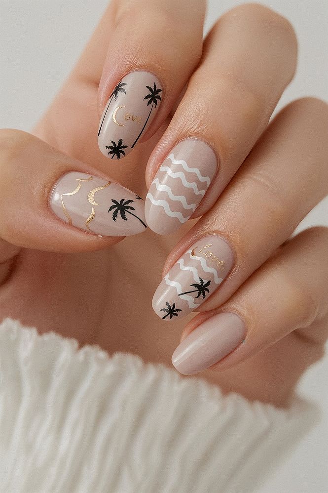 Tropical Beach Nail Art: Gold Accents & Palm Trees