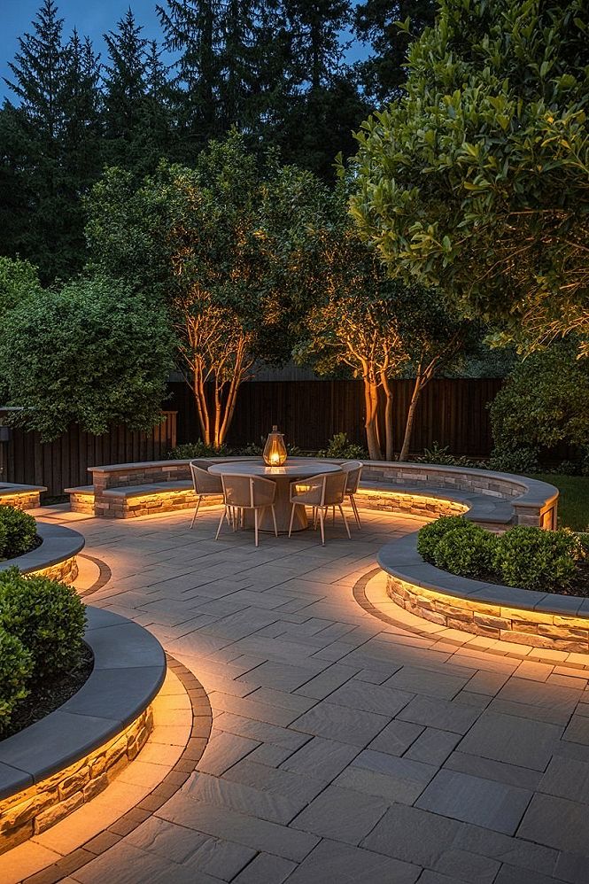 Stunning Paver Patio with Dramatic Uplighting for Backyard Elegance