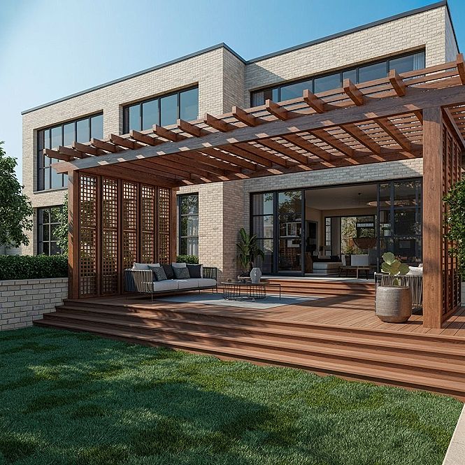 Modern Backyard Patio Designs with Stylish Wooden Pergolas