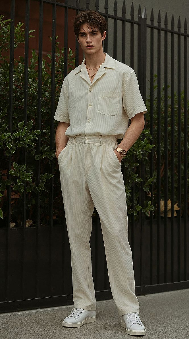 Monochromatic Cream Corduroy: Old Money Summer Outfits for Men