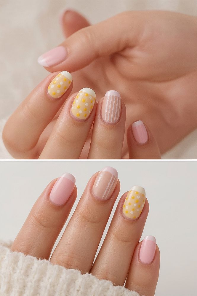 Adorable Pastel Pink & Yellow Polka Dot Almond Nails for Quick Nail Art