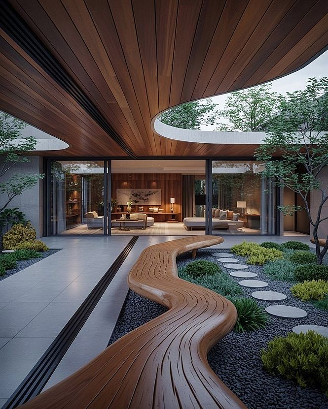 Modern Curved House: Seamless Indoor Outdoor Flow