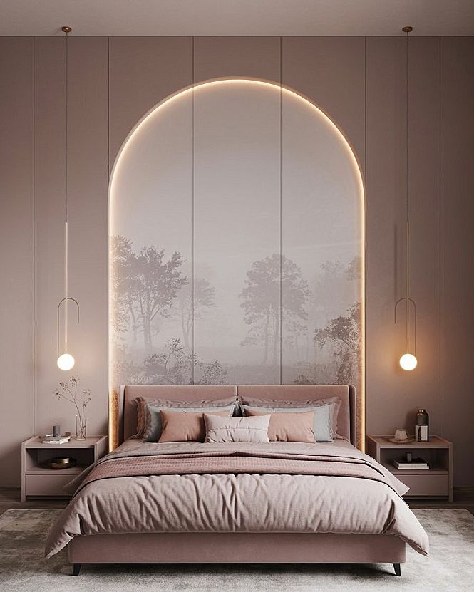 Vaulted Primary Bedroom: Modern Arch Wall Design & Country Club Aesthetic