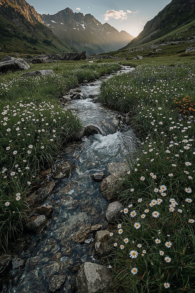 Mountain Stream Serenity: High-Resolution Meadow Wallpaper for Tablets