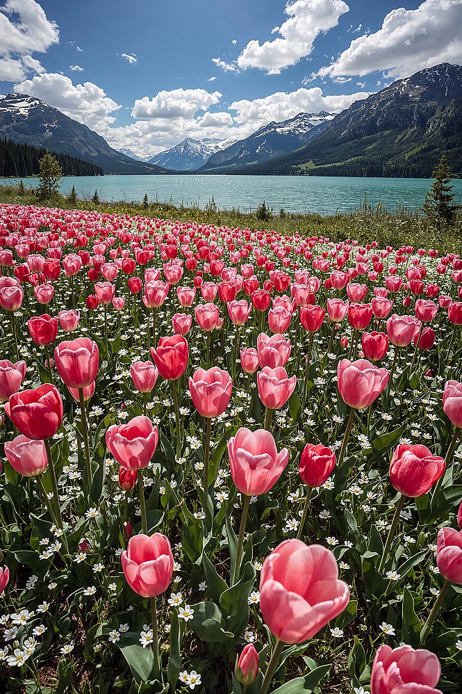 Vibrant Tulips: Spring Gardens & Serene Lake Views