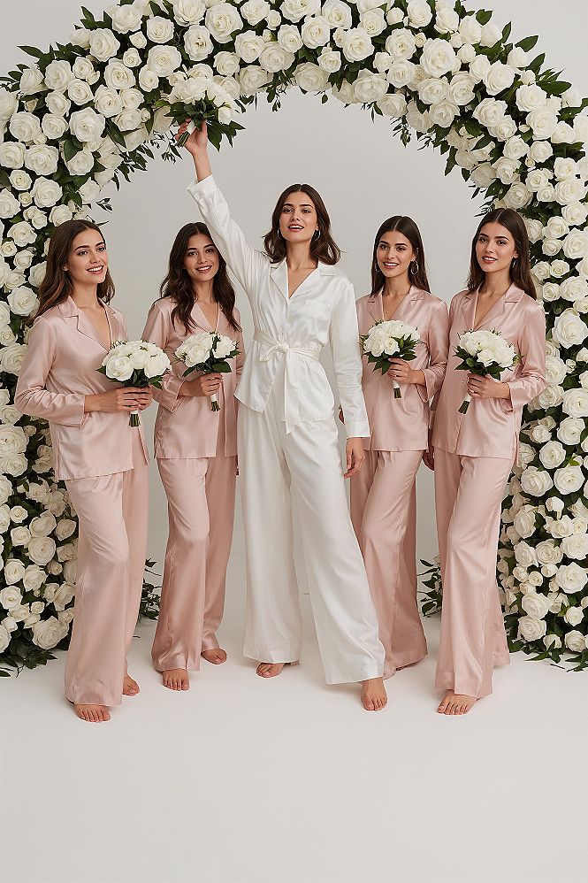 Luxury Elegant Sleepwear: Satin Pajamas with Ruffles for Your Bridal Party