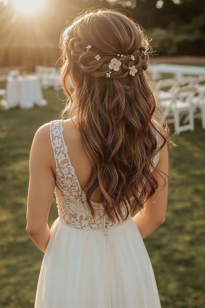 Golden Hour Glow: Braided Half Up Half Down Wedding Hair