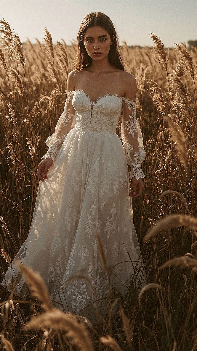 Rustic Charm: Full Lace Wedding Dress with Sleeves