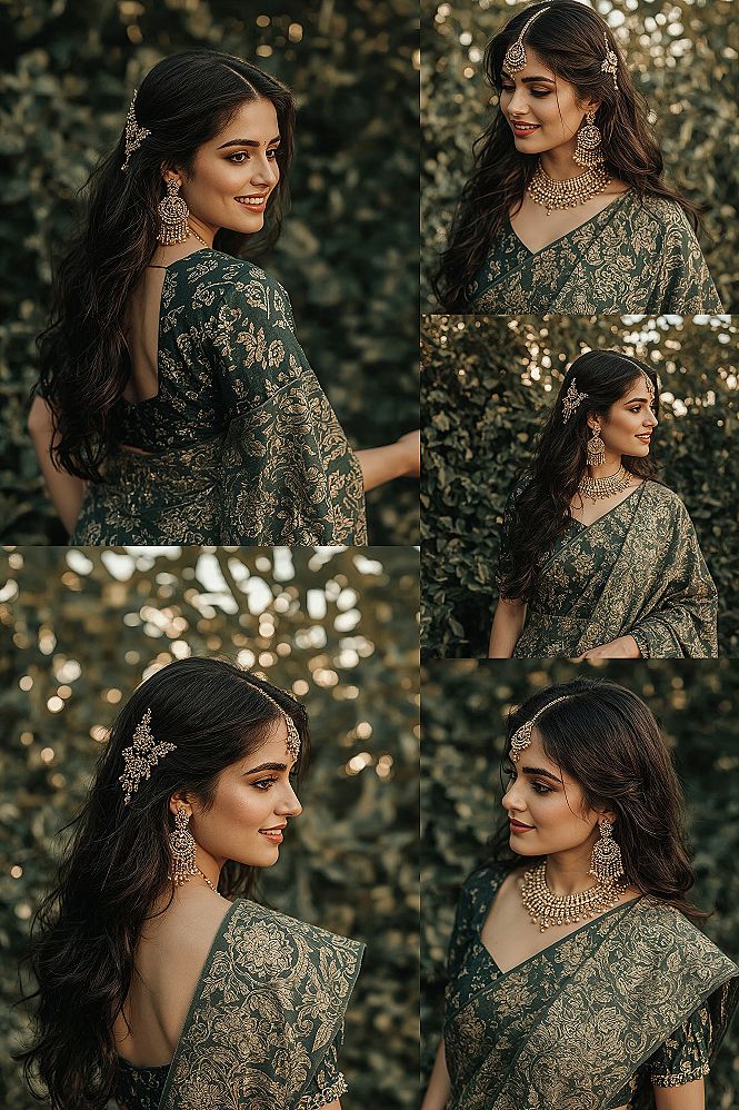Radiant Engagement Saree Hairstyle: Half-Up Style with Gold Jewelry