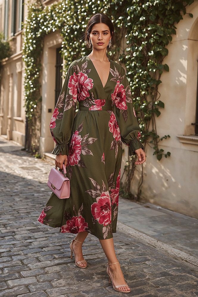 Luxury Floral Dress: Vibrant Olive & Pink for Spring Events