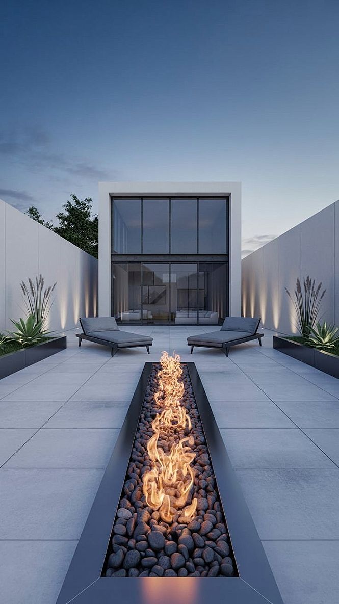 Modern Backyards: Concrete Outdoor Living & Linear Fire Pit Oasis