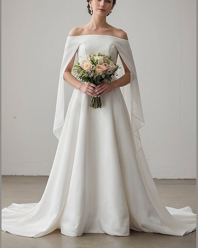 Elegant Cape Sleeves Meet a Voluminous Skirt