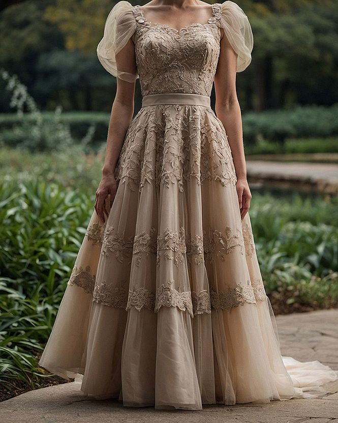 Voluminous Tulle Sleeves and Structured Bodice Contrast