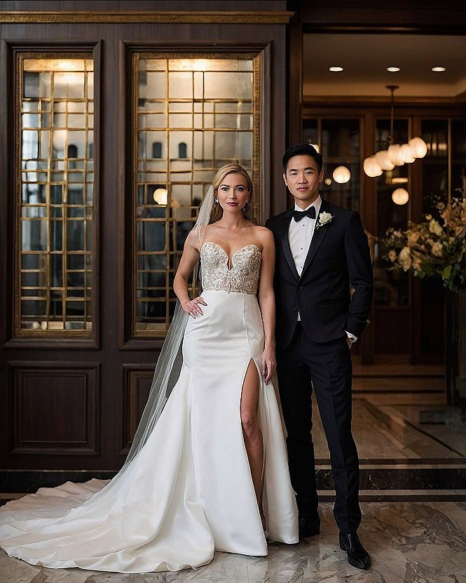 Bridal Gown's Sharp Slit Against Soft Veil