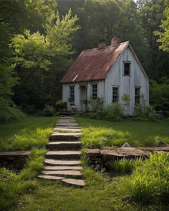 Rustic Forest Cottage with Stone Path