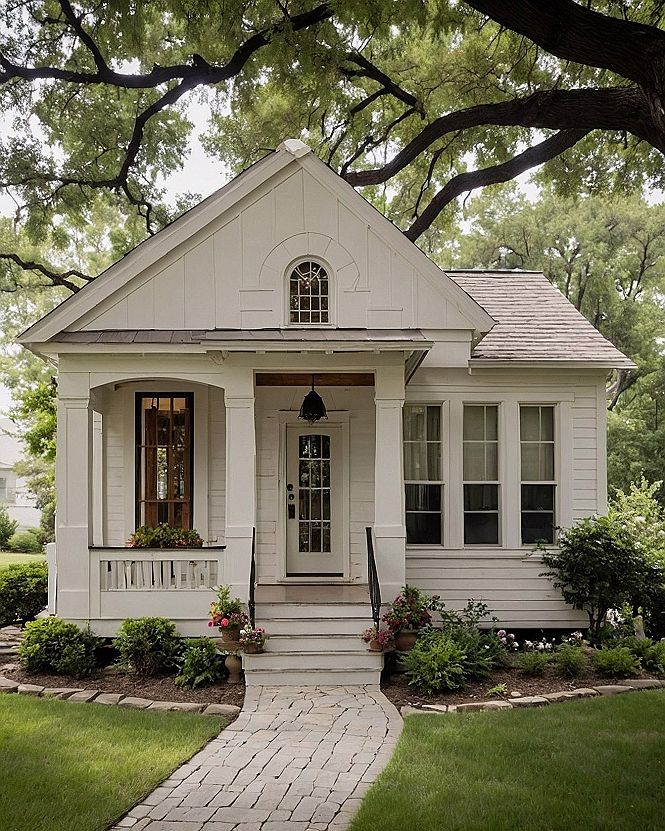 Charming White Cottage with Arch Window Detail
