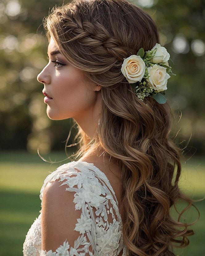 Braided Crown Meets Loose Waves with Floral Accent