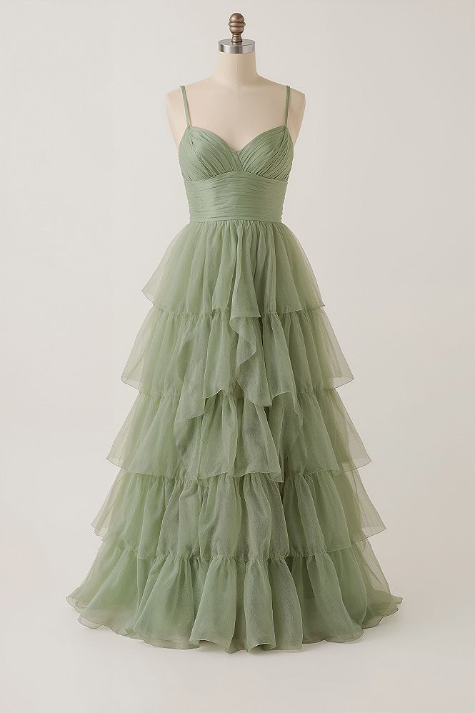 Graceful A-Line Sage Green Bridesmaid Dress with Ruffles