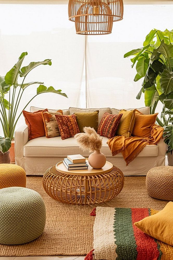 Bohemian Earthy Living Room: Lush Plants & Eclectic Style