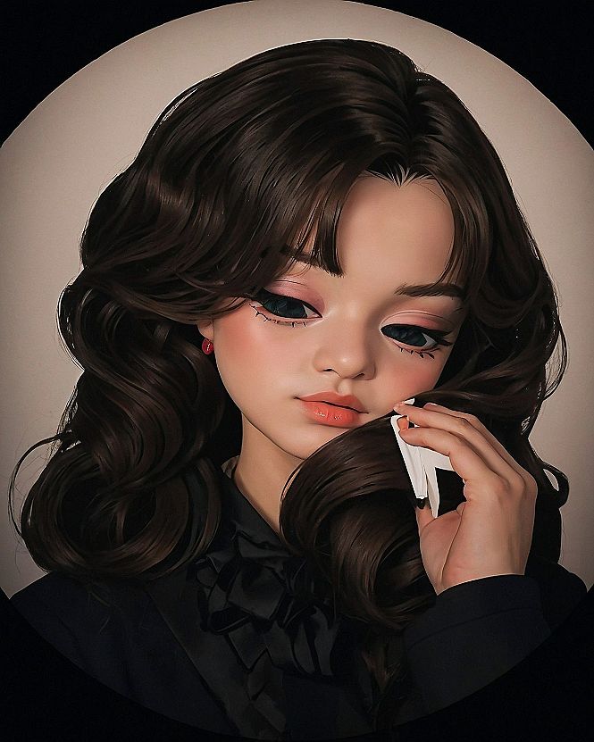Stylized Doll-Like Portrait with Dark Waves and Muted Olive Tones