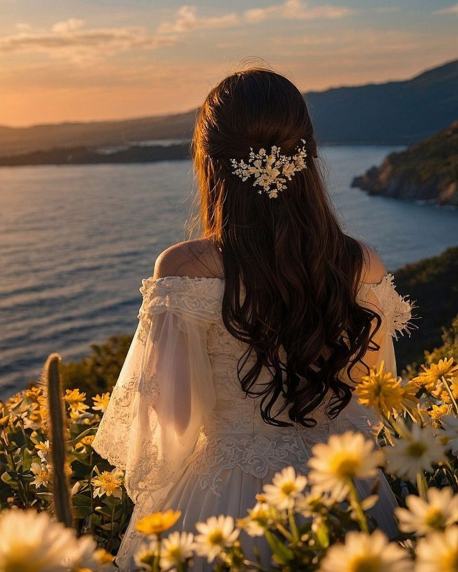 Intricate Floral Hair Vine Resting on Dark Cascading Waves